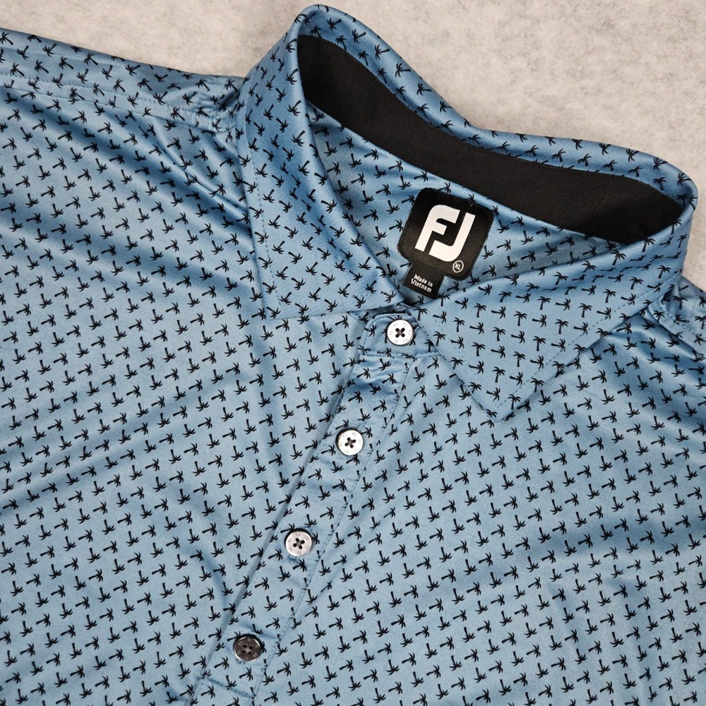 FootJoy (Men's XL) Blue Palm Tree Print Golf Polo Shirt Performance Stretch